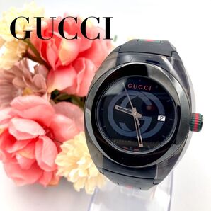 美品 GUCCI グッチ 137.1 シンク 腕時計 クォーツ デイト シェリーライン ブラック ラバーバンド 稼働品