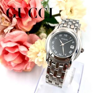 新品電池 稼働 GUCCI グッチ 5500L デイト 腕時計 レディース ブラック文字盤 シルバー クオーツ