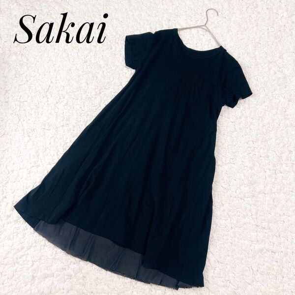 sacai 異素材ドッキング Tシャツワンピース チュール切替 薄手