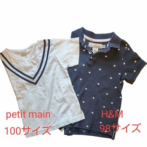 petit main 100サイズ H&M 98サイズ 半袖 ポロシャツ ネイビー ホワイト 夏物 Tシャツ 男の子 女の子 ほし