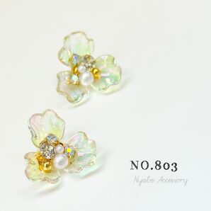 【803】ハンドメイドピアスイヤリング大ぶり夏ピアス海浴衣クリアオーロラフラワーピアスマリンピアス