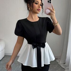 SHEIN 半袖 パフスリーブ ペプラム 新品 L