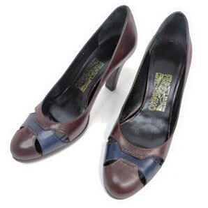 ★美品★フェラガモ パンプス 6.5C ブラウン×ネイビー シンプル
