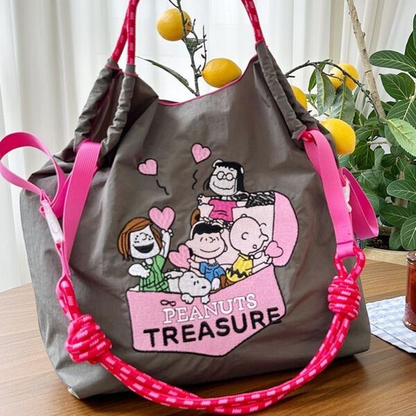 ボールアンドチェーン スヌーピ刺繍 エコバッグ グレー Mサイズ ストラップ付き バッグ ショルダーバッグ かわいいエコバッグ