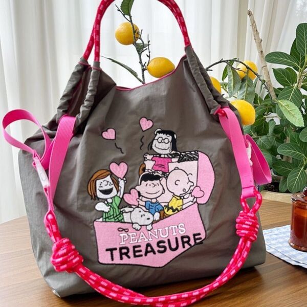 スヌーピ刺繍 エコバッグ グレー ボールアンドチェーン Mサイズ ストラップ付き バッグ ショルダーバッグ かわいいエコバッグ