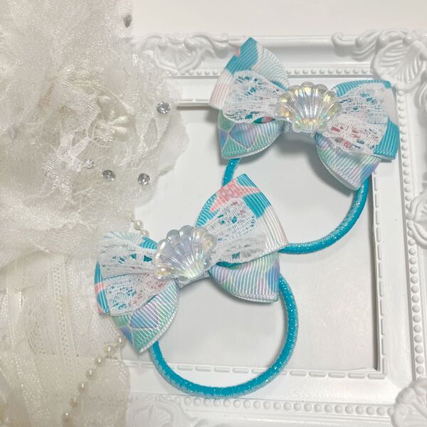 貝がらリボン 夏柄 ヘアゴム ハンドメイド リボン キッズ