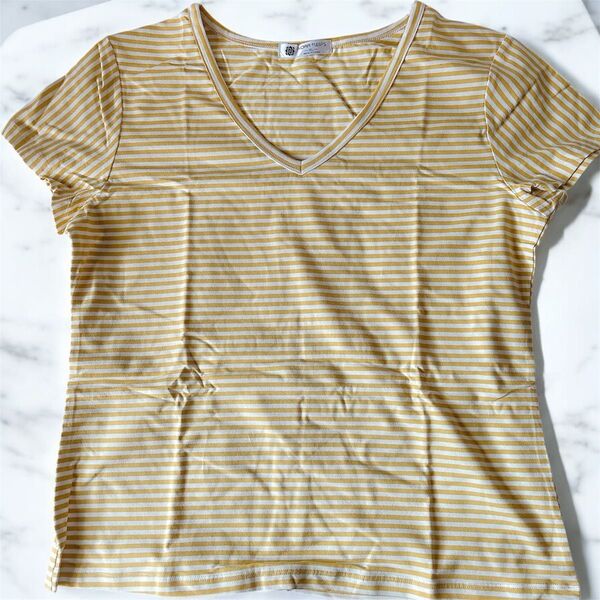 半袖 Tシャツ レディース トップス 夏 春 カットソー Vネック 綿イエローボーダーXL