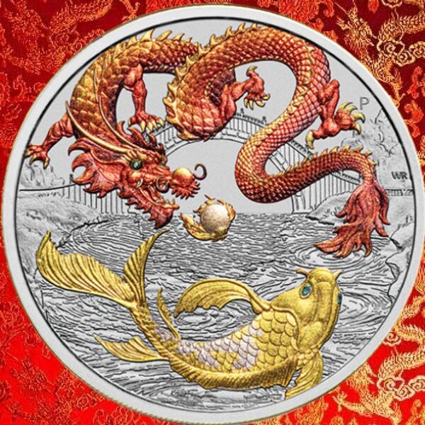 ☆神話シリーズ 限定5000枚 2023年 赤金彩カラー 『 赤龍 & 金鯉 』 銀貨 1 オンス 純銀 コインカプセル付き