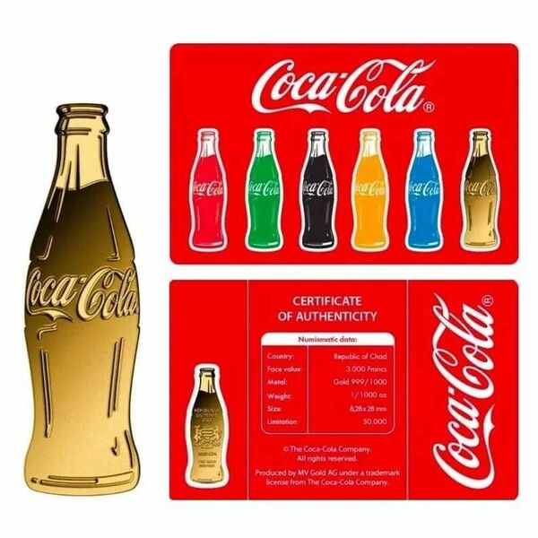 ☆コカ・コーラ公式ライセンス品 『コカ・コーラ瓶ボトル型』 金貨 純金 1/1000オンス チャド共和国 保証書(カード一体型)付