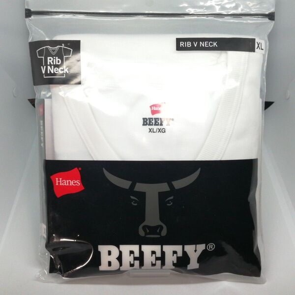 【未使用品】Hanes BEEFY リブVネックTシャツ メンズ ホワイト XLサイズ HM1-T102