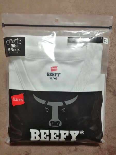 【未使用品】Hanes BEEFY リブVネックTシャツ メンズ ホワイト XLサイズ HM1-T102