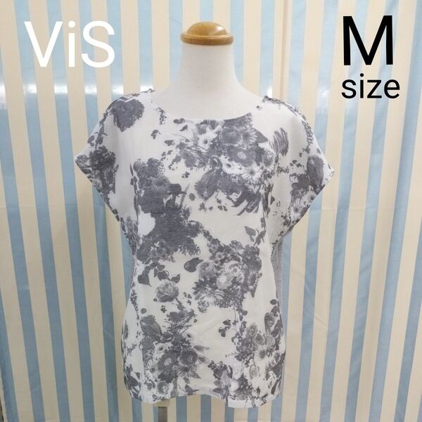 vis ビス カットソー Tシャツ モノトーンカラー プリント フレンチ袖 花柄 トップス 半袖 フレンチスリーブ