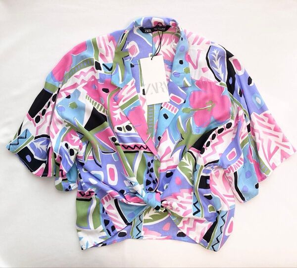 ZARA アロハ柄シャツ クロップド M y2k レトロ ハイビスカス 90s 00s 半袖シャツ 5部丈 アロハシャツ