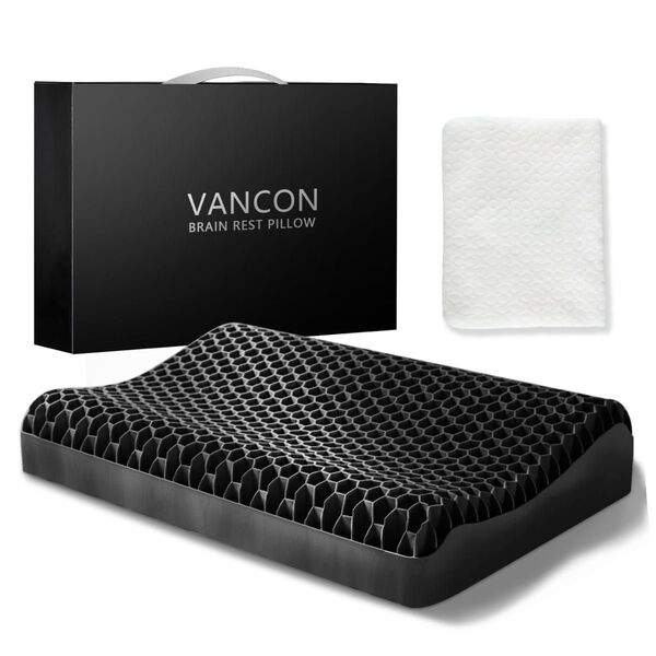 VANCON ジェル 枕 【新品】ブレインレストピロー 低反発 まくら 黒 首が痛くならない ジェル枕 ブラック 黒 枕カバー付