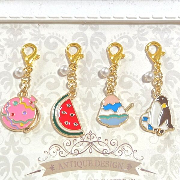 【夏休みマスクチャーム】ハンドメイド ビーズ 夏ピアス かき氷 スイカ ヨーヨー ペンギン