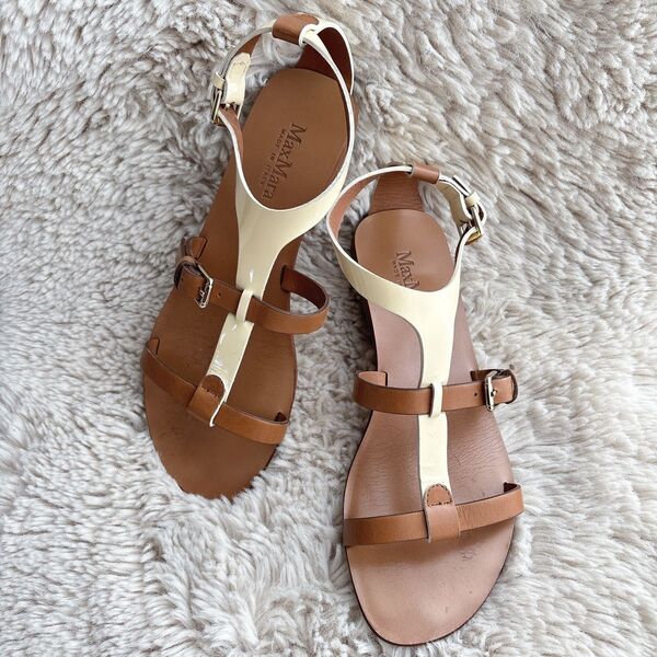 MaxMara マックスマーラ ストラップ サンダル 23.5cmトングサンダル Tストラップ ベージュ ホワイト レザー 本革