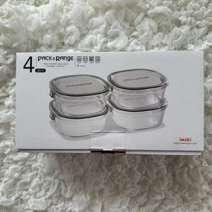 iwaki パック&レンジ 4点セット 450ml × 4 クールグレー 耐熱ガラス 保存容器 角型
