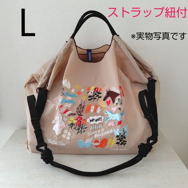 L ボールアンドチェーン 刺繍 エコバッグ トートバッグ ストラップ付き トートバッグ