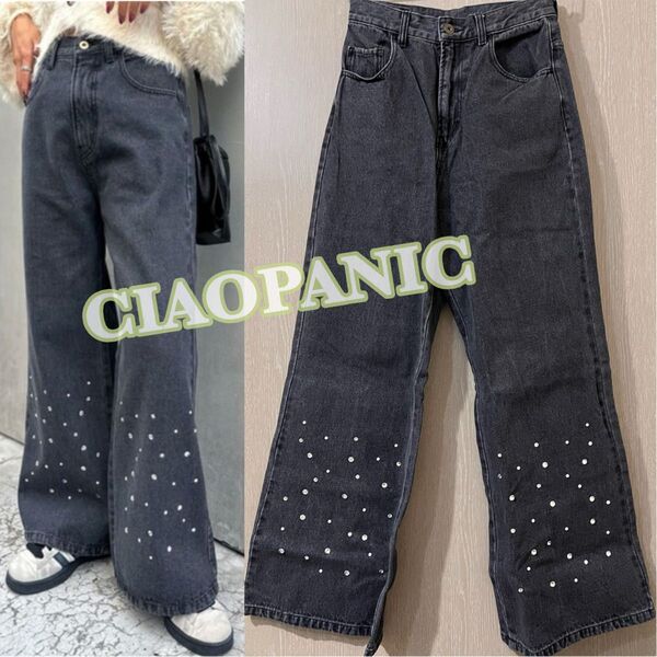 美品 CIAOPANIC ハイウエスト パールダメージフレアデニムパンツ ブラック 黒 チャオパニック ワイドパンツ ダメージ加工