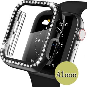 Apple Watch Case 9H強化ガラスフィルム キラキラ ダイヤモンドカバー 耐衝撃防塵 キズ防止 41mm ブラック