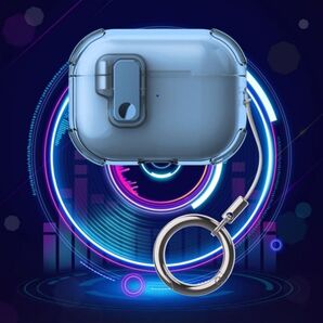AirPods4カバー カラビナ付き マグネット式自動開 傷防止 ブルー