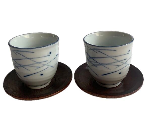 お値下げ★ たち吉 湯呑2客&木製茶托2枚 湯呑み ペア 有田焼 美品