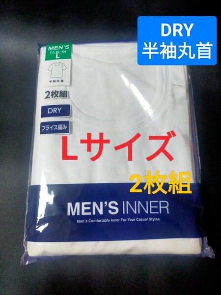 Lサイズ !2枚組 インナー Tシャツ 肌着 下着 紳士 【DRY素材】フライス編み 半袖丸首 速乾 白無地