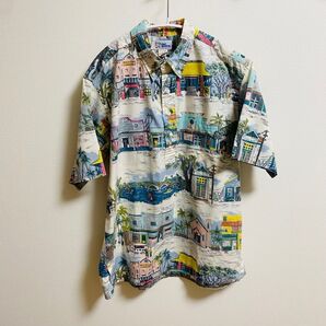 美品 レインスプーナー ハワイ製 風景画 総柄 アロハシャツ ヴィンテージ 街並み