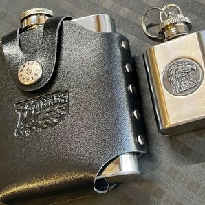 新品未使用☆スキットル6oz&フェイクレザーカバー&1ozミニスキットル☆ステンレス製 デッドストック