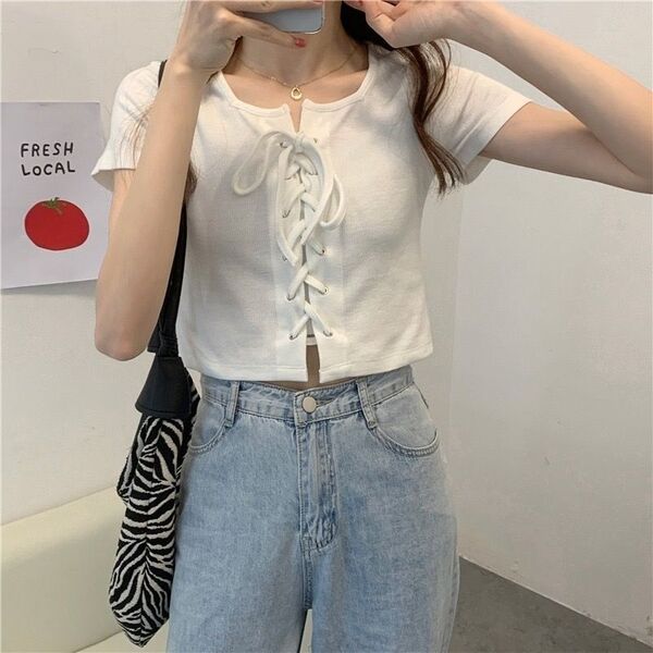 リブトップス Tシャツ 編み上げ 半袖 レースアップ クロップド丈 ショート 白