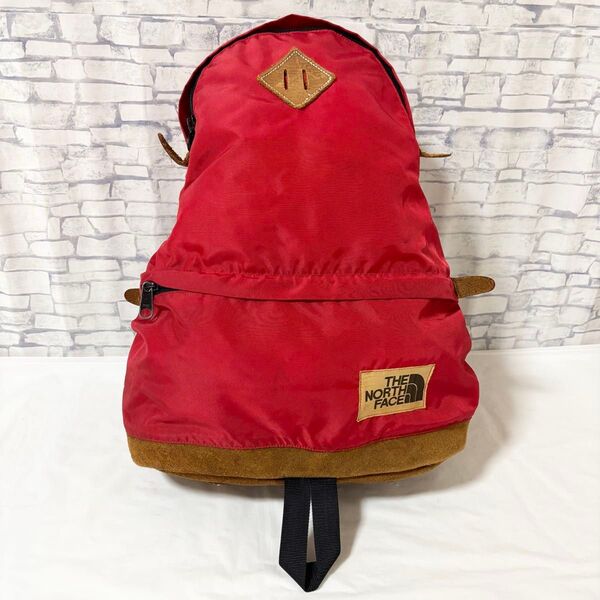 希少 THE NORTH FACE・80s リュック バックパック 収納2室 ナイロン×一部スエード 茶タグ レッド系