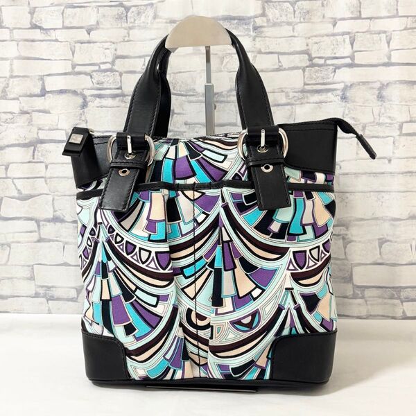 未使用級■EMILIO PUCCI エミリオプッチ・ハンドバッグ トートバッグ手提げ鞄 レザー×キャンバス ブラック系マルチカラー