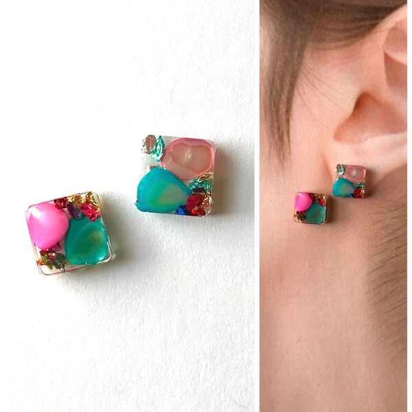 No.241ハンドメイドピアス イヤリング レジン シェル ガラス ピンク 青