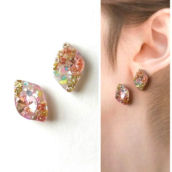 No.235ハンドメイドピアス イヤリング レジン ピンク シェル ゴールド