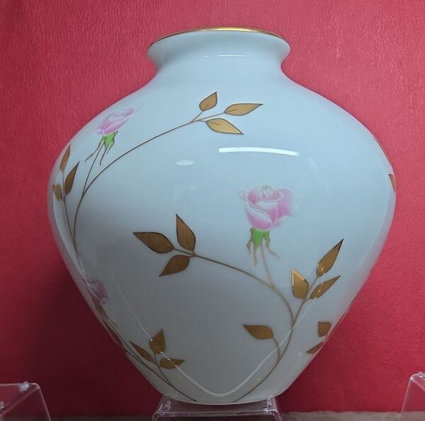 香蘭社 花瓶 壺 フラワーベース バラ 薔薇 白磁金彩 ホワイトゴールド 花器 薔薇 金縁