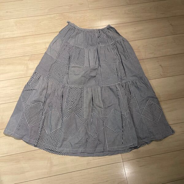KETYパッチワーク風スカート ギンガムチェック グレー ロングスカート