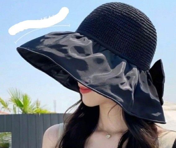 麦わら帽子 つば広 UVカット 日焼け対策 紫外線 折りたたみ 黒 ハット 帽子 麦ワラ