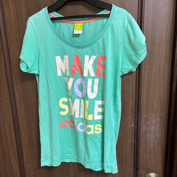 adidas Tシャツ レディース OT エメラルドグリーン MAKE YOU SMILE ロゴ L A5
