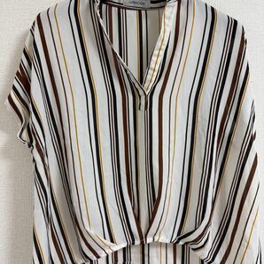 美品☆半袖カットソー ブラウン系ストライプ柄 サイズL