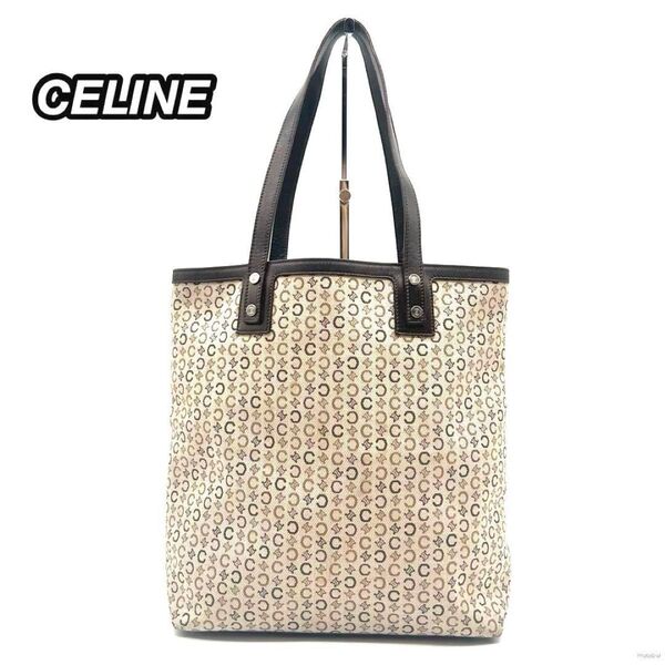 希少 セリーヌ CELINE トートバッグ ハンドバッグ Cマカダム 総柄 レザー キャンバス ベージュ ブラウン系 通勤 通学