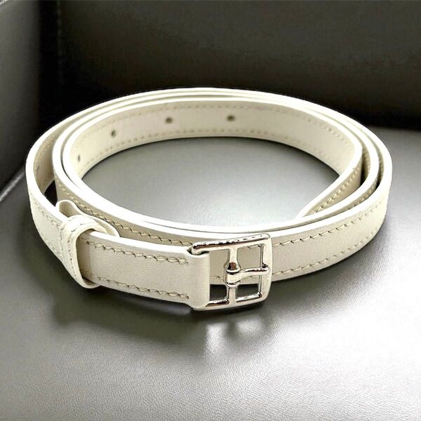 美品 エルメス HERMES エトリヴィエール ベルト レザー シルバー金具 シルバーバックル 細め フランス製 白 ホワイト