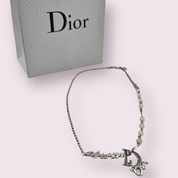 クリスチャンディオール Christian Dior シルバーネックレス アクセサリー パール ロゴチャーム ボールチェーン