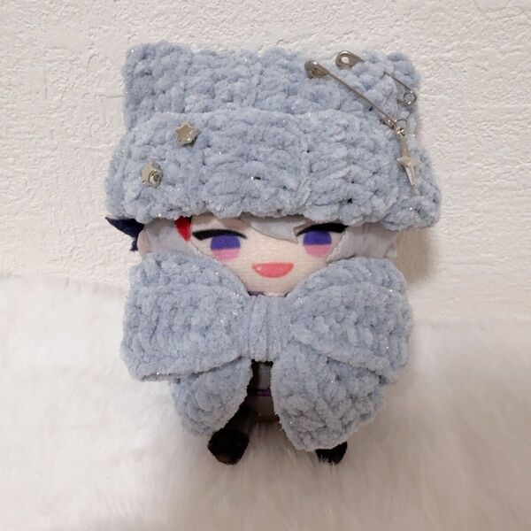 【きらアイスブルー】でかリボン付き ネコ耳 ニット帽 10cm にじぱぺっと ぬい服