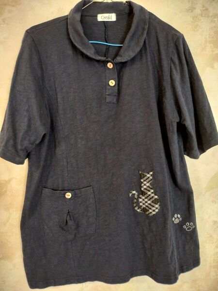 M-L 丸襟 Tシャツ チュニック ネイビー