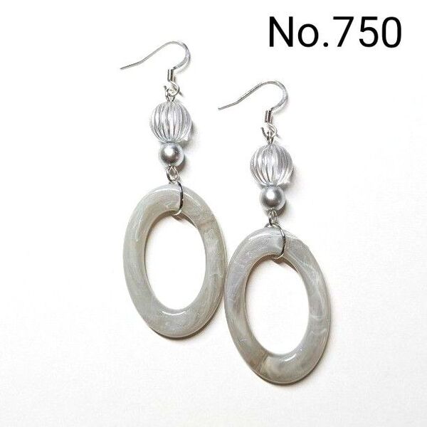 No.750 ハンドメイドピアス イヤリング 樹脂ピアス アクリルオーバルパーツ グレーマーブル シルバー アクセサリー