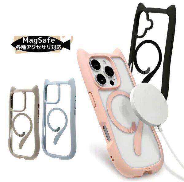 iPhone 13/14/15/16 Pro Max Plus用の、猫耳電話 ケース。完全保護スマホカバー