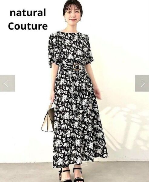 natural couture 半袖ワンピースベルト付ブラック×ホワイトフラワー