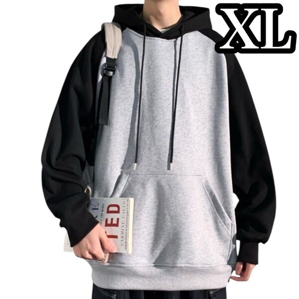 パーカー XL メンズ 長袖 フーディー ラグランパーカー 春秋冬 黒 グレー プルオーバー スウェット 無地 カジュアル フード