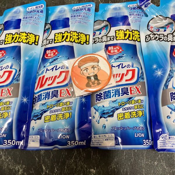 キャラクター缶バッジ+ライオン トイレのルック 除菌消臭EXフレッシュハーブの香り 350ml 詰替用4パック
