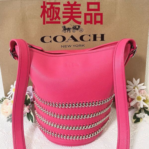 【期間限定価格!極美品】COACH コーチ ショルダーバッグ ダッフル 斜め掛け レザー チェーン バケツ型 馬車 ピンク系